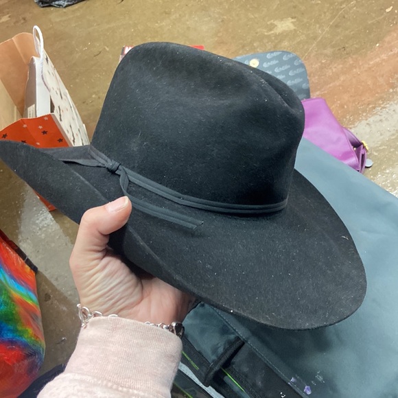 VINTAGE JOHN B. STETSON COMPANY BLACK LEATHER AND SUEDE SZ 56/7 COWBODY HAT - Picture 2 of 7